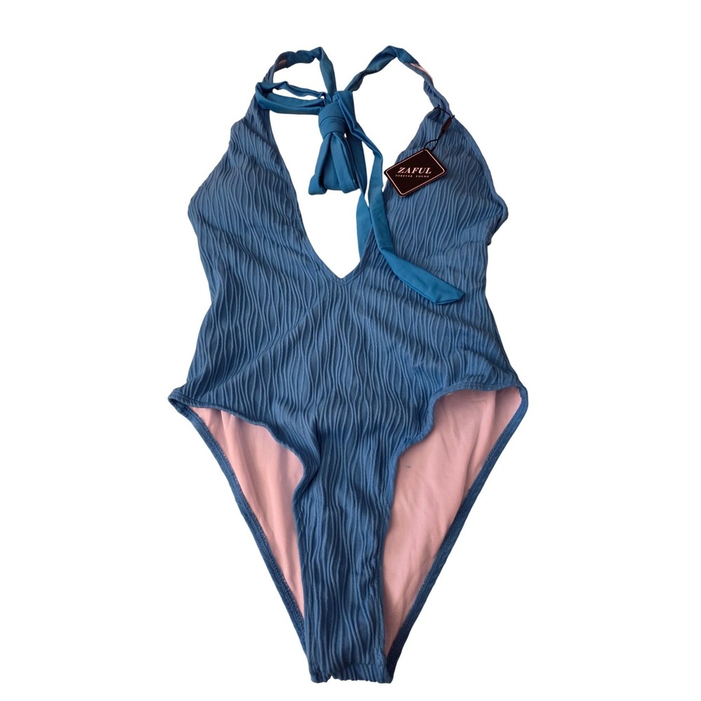 Zaful Blue Textured One Piece Swimsuit Halter Neck High Cut Plunging V-Neck NWT